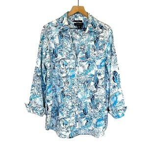 Tahari Womens Linen Long Sleeve Button Down Tropical Bird Print Top Size Medium